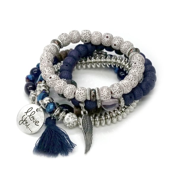 Bracelet Two Charms Four Strand Black White Blue - Picture 2 of 3